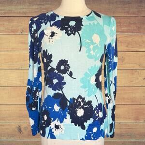 Talbots Abstract Floral Puff Sleeve Sweater Sz S Women Cotton Tencel Long Sleeve